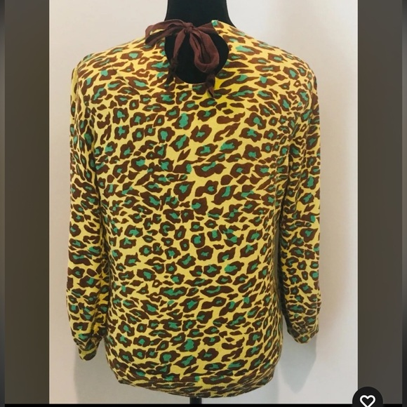 TWELVE LAYERS Yellow/Brown/ Green Leopard Cardigan Boho Key Hole Back Tie Medium - Picture 2 of 5